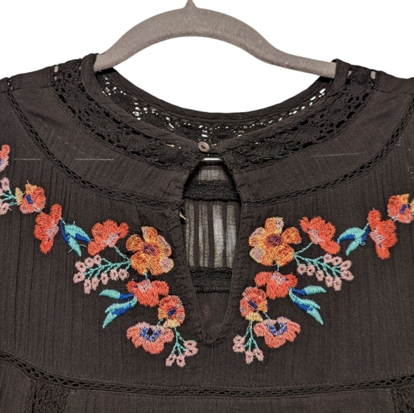 Free People Victorian Floral Embroidered Smock Mini Dress Black | Size XS - Picture 9 of 10